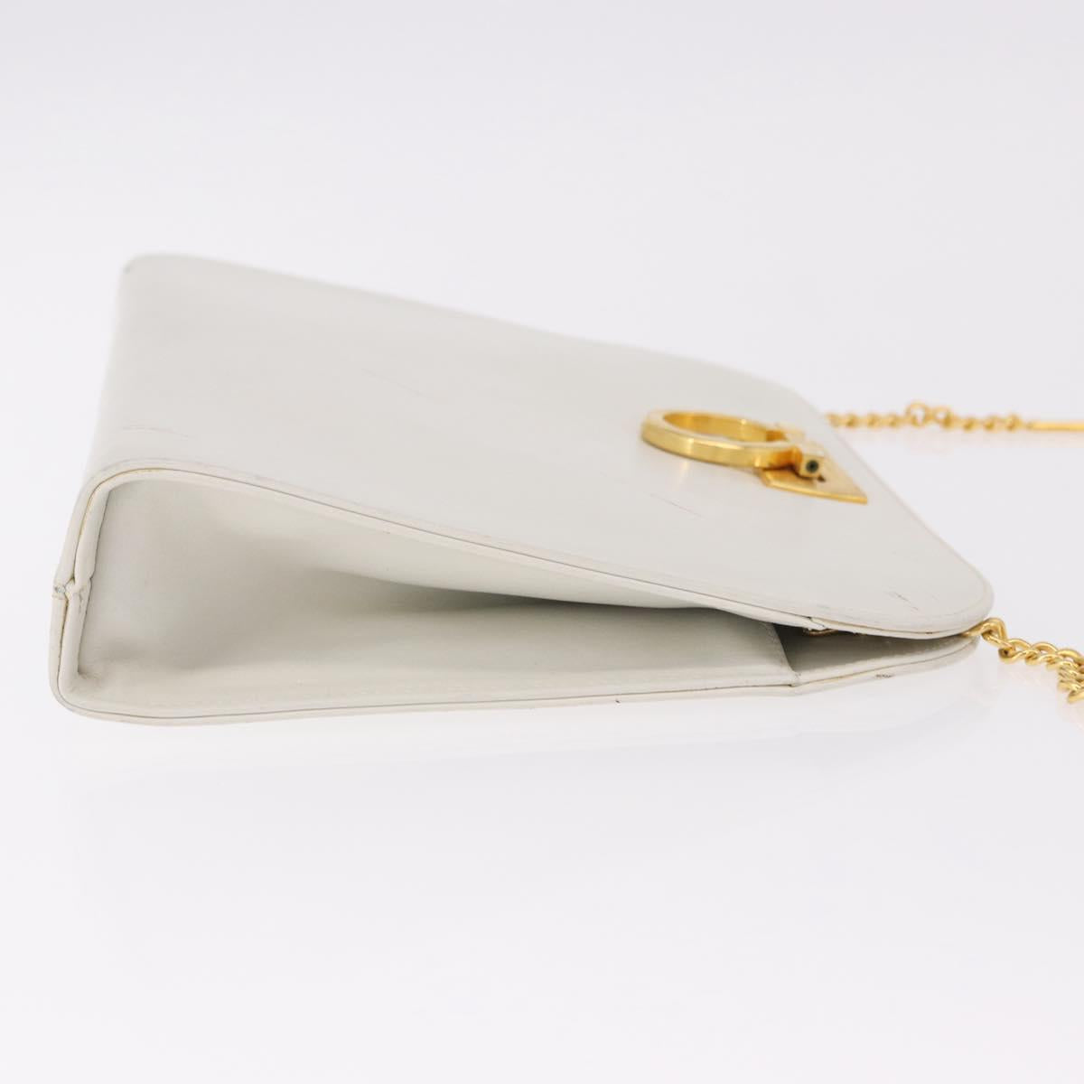 Salvatore Ferragamo Gancini Chain Shoulder Bag Leather White Gold Auth 191748