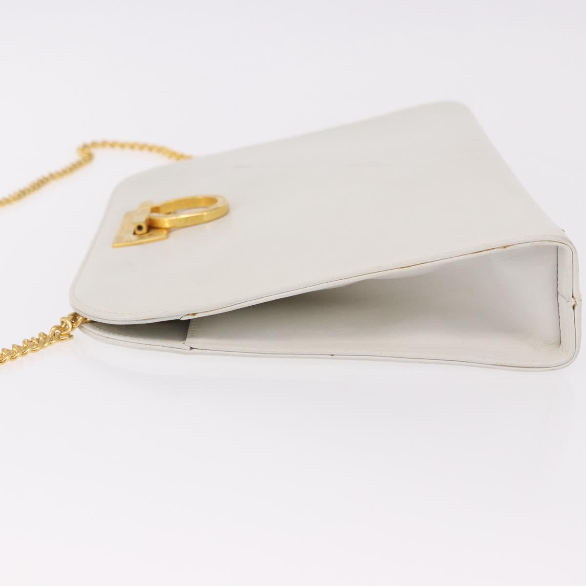 Salvatore Ferragamo Gancini Chain Shoulder Bag Leather White Gold Auth 191748