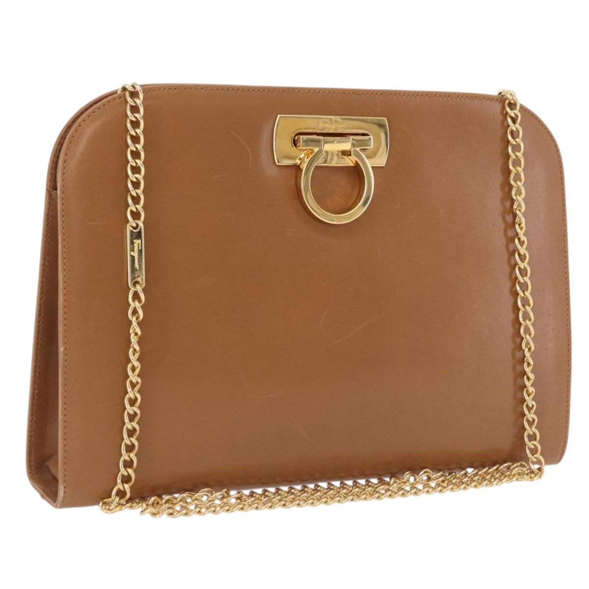 Salvatore Ferragamo Gancini Chain Shoulder Bag Leather Brown Gold Auth 191749