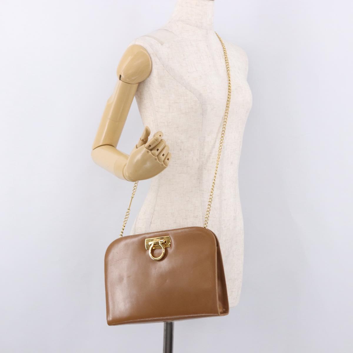 Salvatore Ferragamo Gancini Chain Shoulder Bag Leather Brown Gold Auth 191749