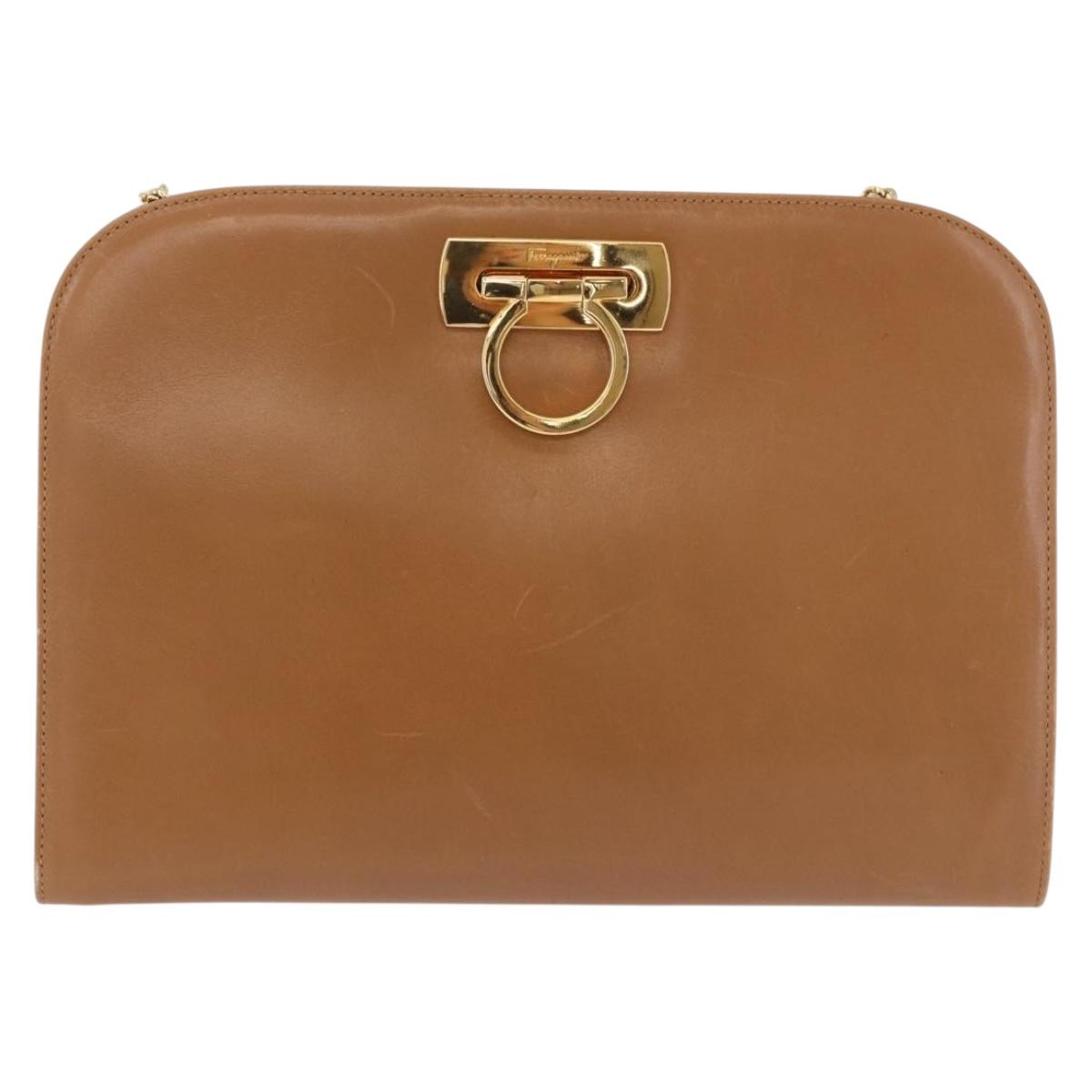 Salvatore Ferragamo Gancini Chain Shoulder Bag Leather Brown Gold Auth 191749