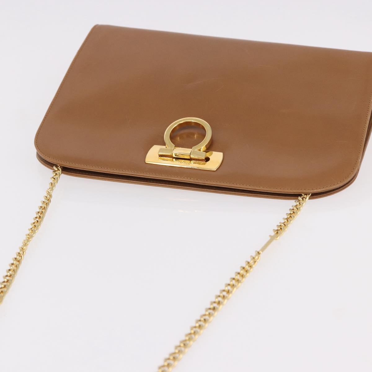 Salvatore Ferragamo Gancini Chain Shoulder Bag Leather Brown Gold Auth 191749