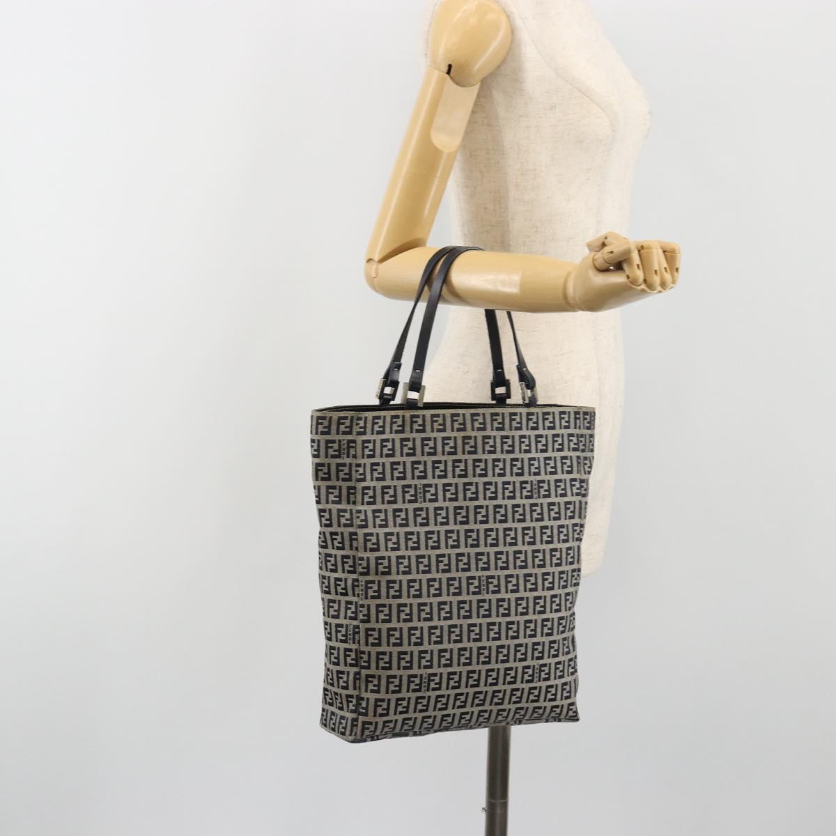 FENDI Zucchino Canvas Hand Bag Navy Silver Auth 191751V