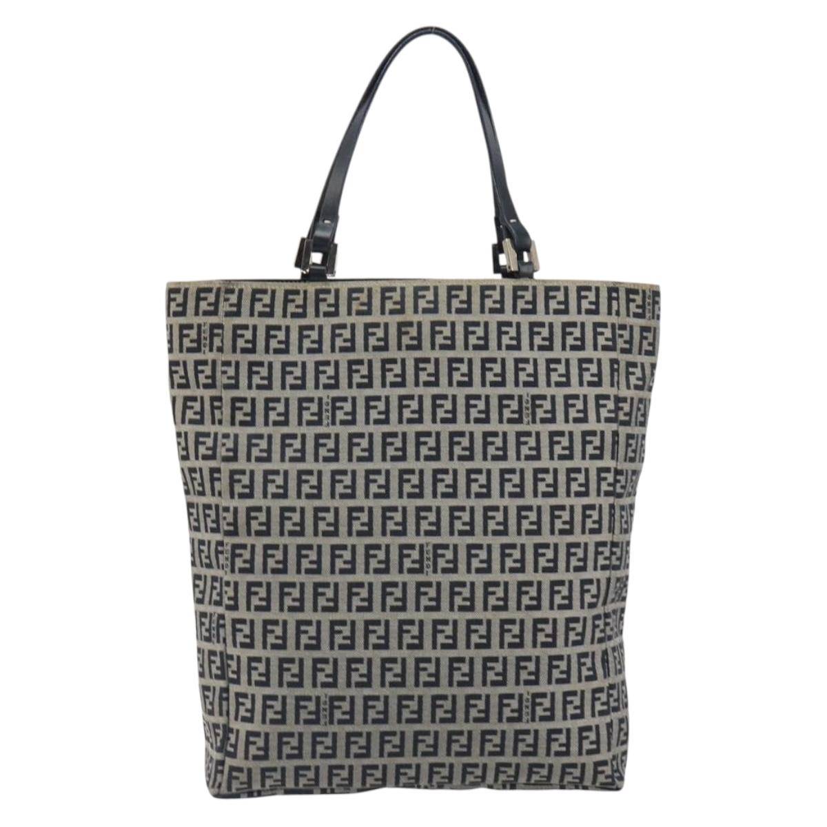 FENDI Zucchino Canvas Hand Bag Navy Silver Auth 191751V