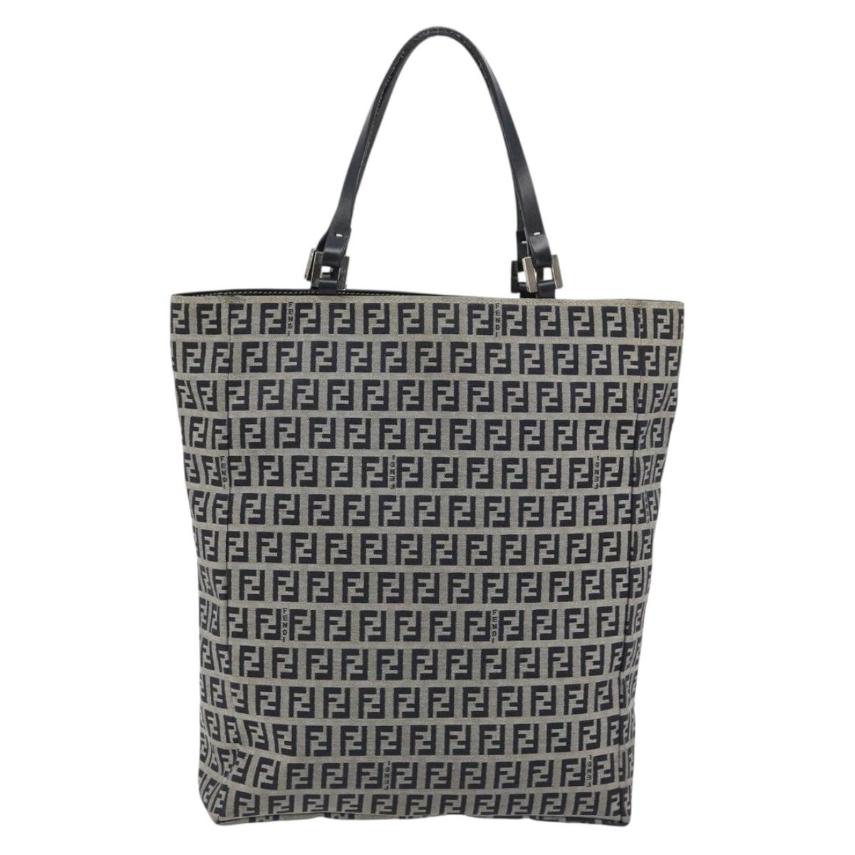 FENDI Zucchino Canvas Hand Bag Navy Silver Auth 191751V