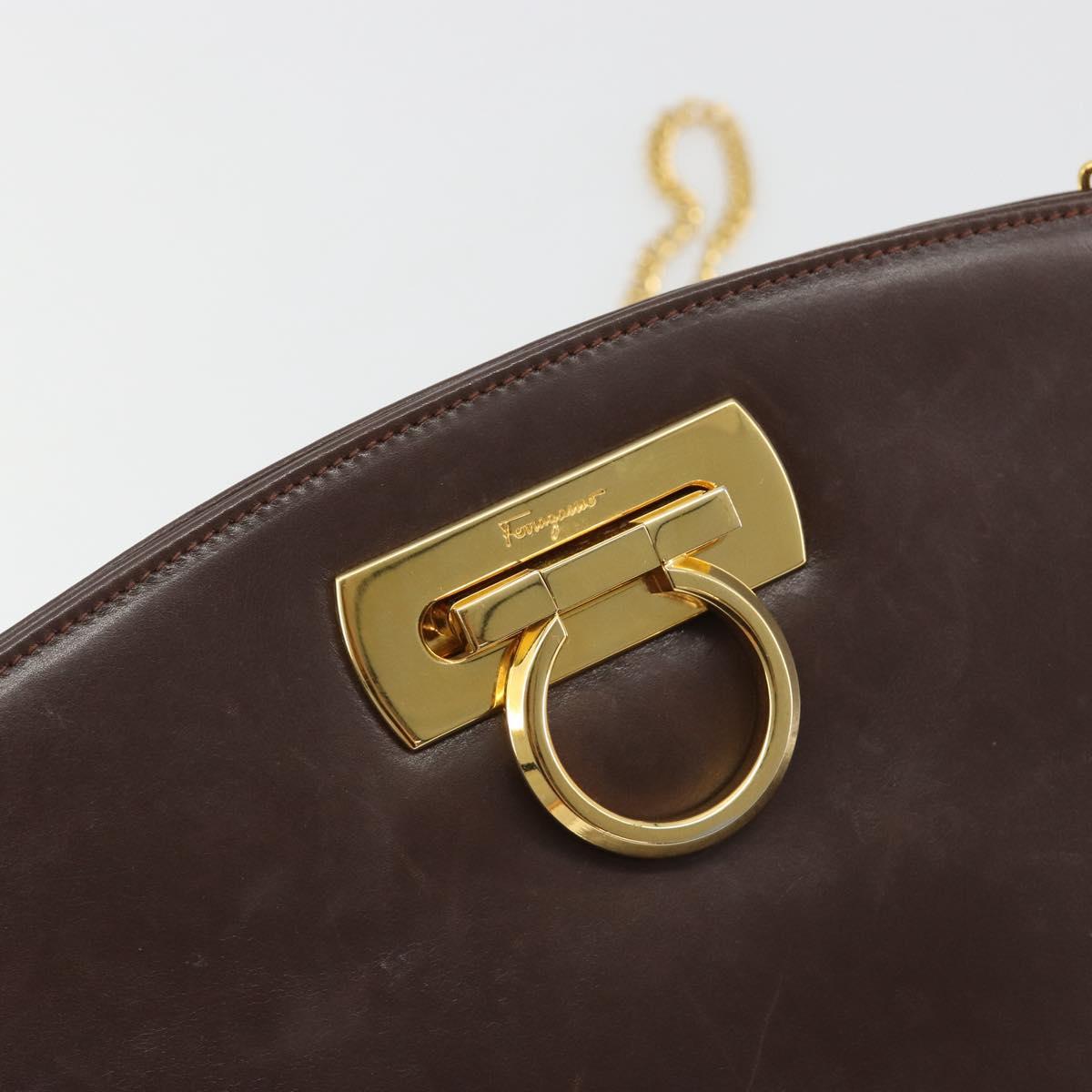 Salvatore Ferragamo Gancini Chain Shoulder Bag Leather Brown Gold Auth 191763
