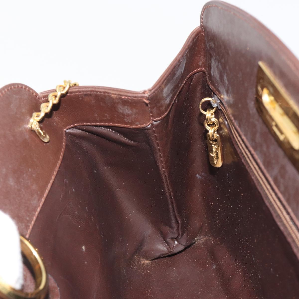 Salvatore Ferragamo Gancini Chain Shoulder Bag Leather Brown Gold Auth 191763