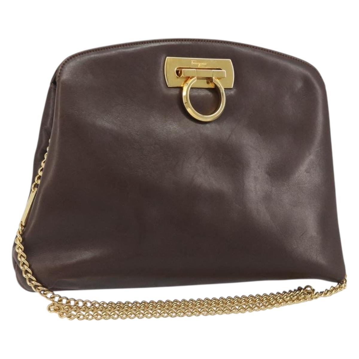 Salvatore Ferragamo Gancini Chain Shoulder Bag Leather Brown Gold Auth 191763
