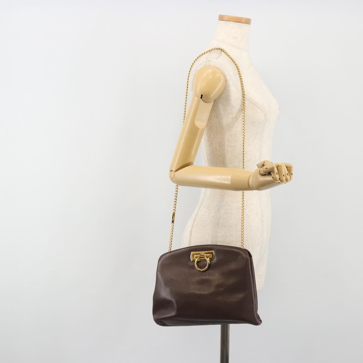 Salvatore Ferragamo Gancini Chain Shoulder Bag Leather Brown Gold Auth 191763