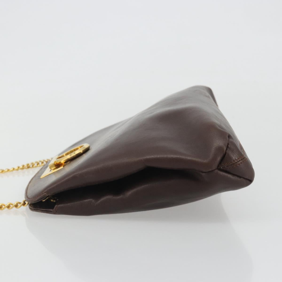 Salvatore Ferragamo Gancini Chain Shoulder Bag Leather Brown Gold Auth 191763