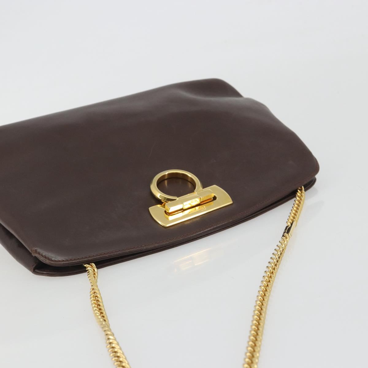 Salvatore Ferragamo Gancini Chain Shoulder Bag Leather Brown Gold Auth 191763