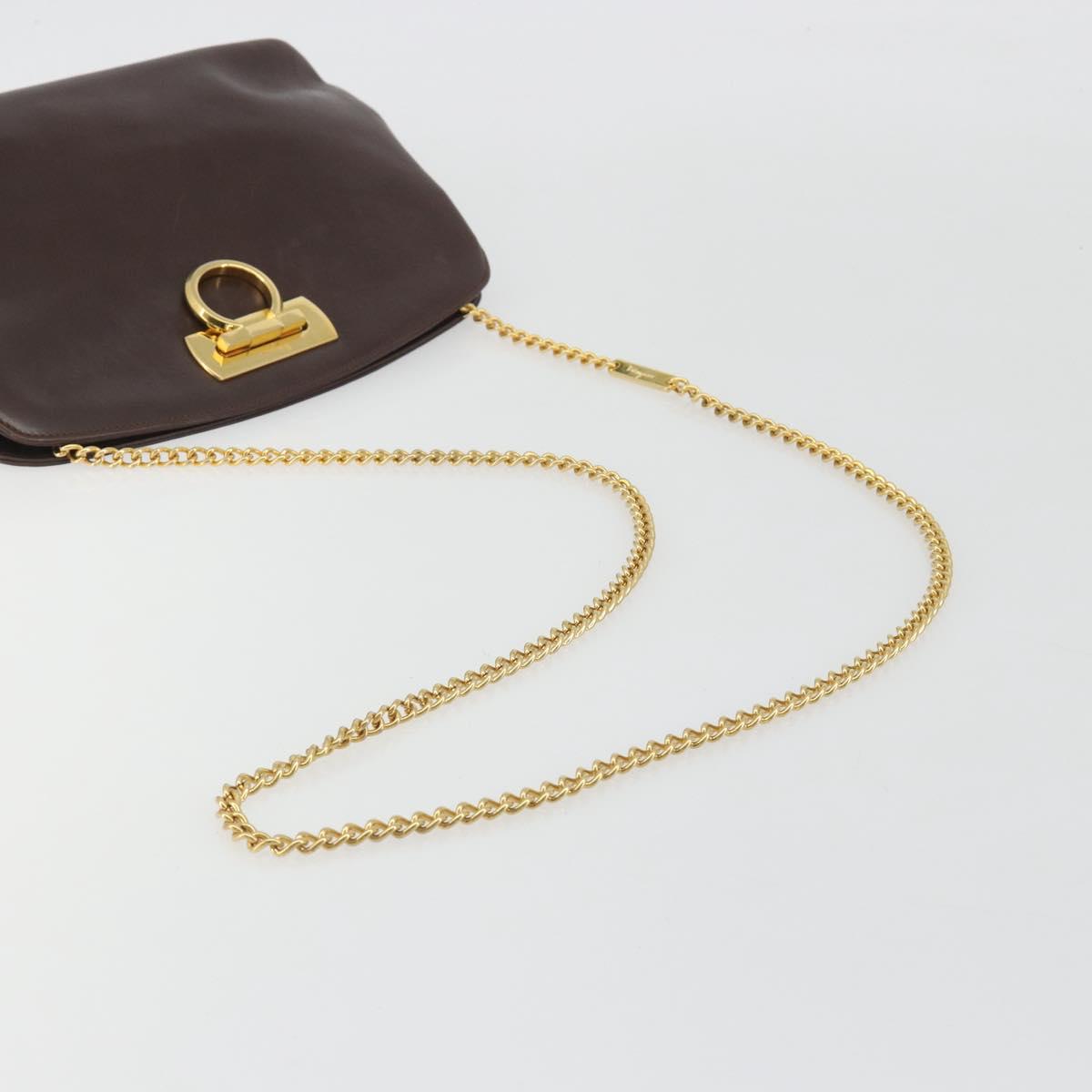 Salvatore Ferragamo Gancini Chain Shoulder Bag Leather Brown Gold Auth 191763