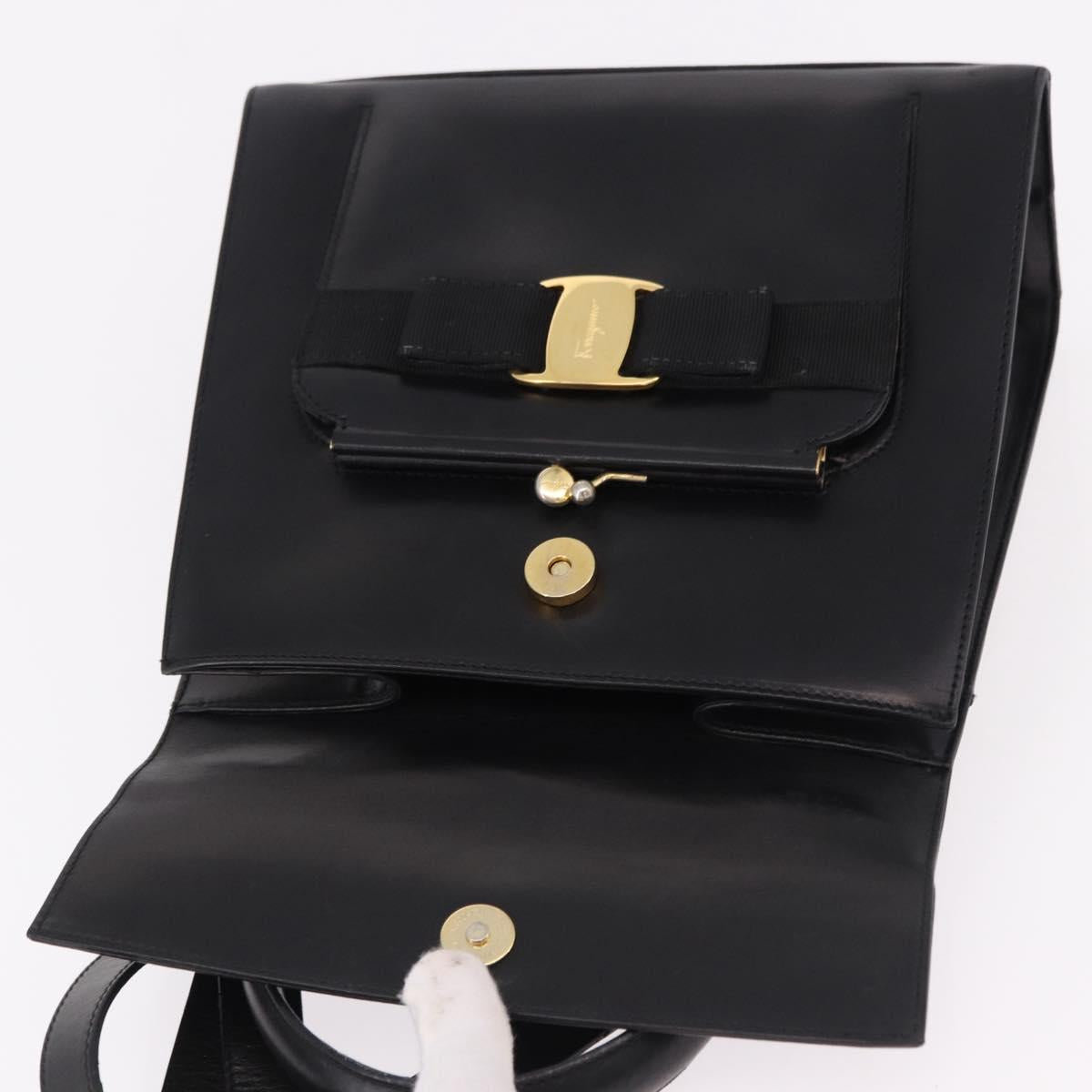 Salvatore Ferragamo Vala Hand Bag Leather 2way Black Gold Tone Auth 191779A