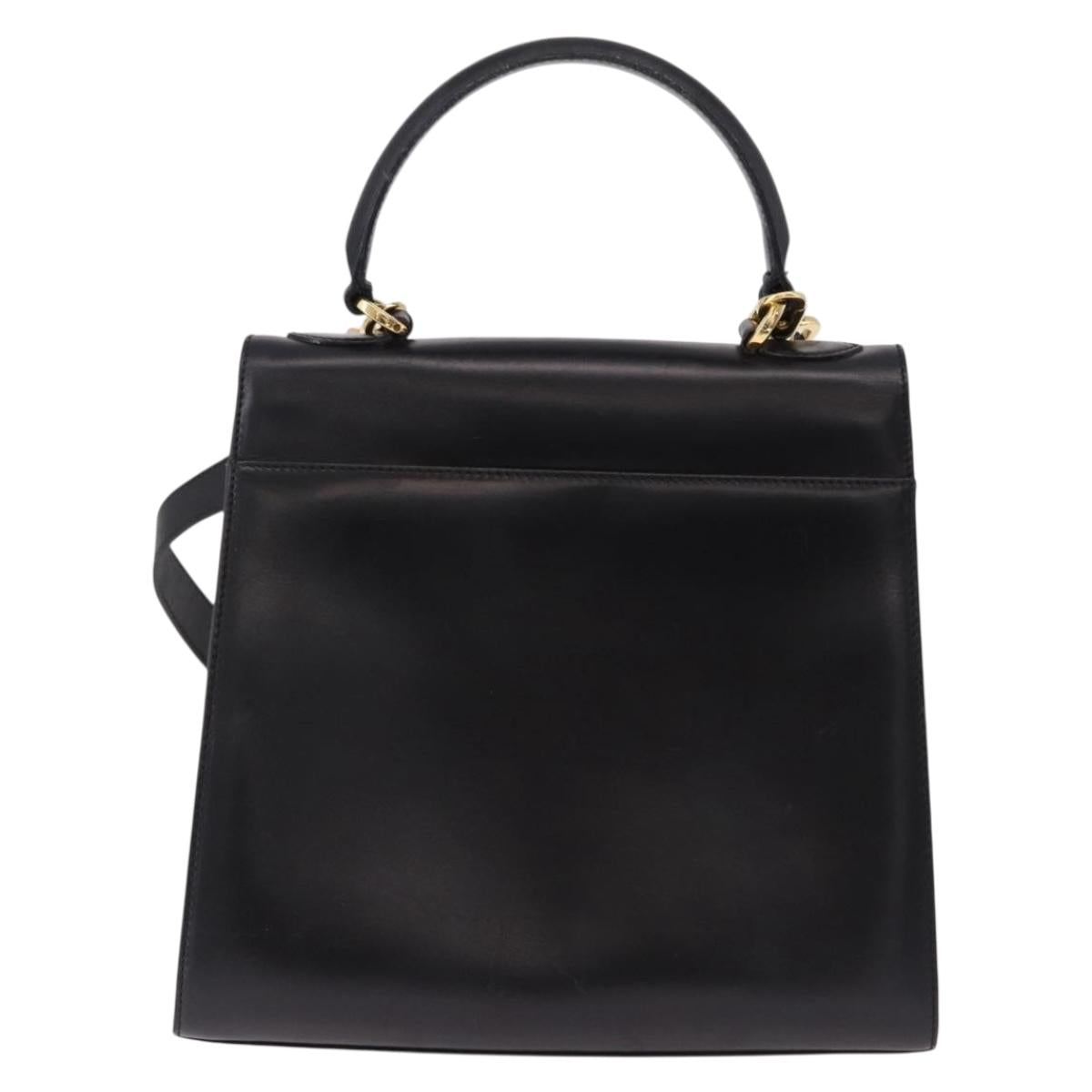 Salvatore Ferragamo Vala Hand Bag Leather 2way Black Gold Tone Auth 191779A