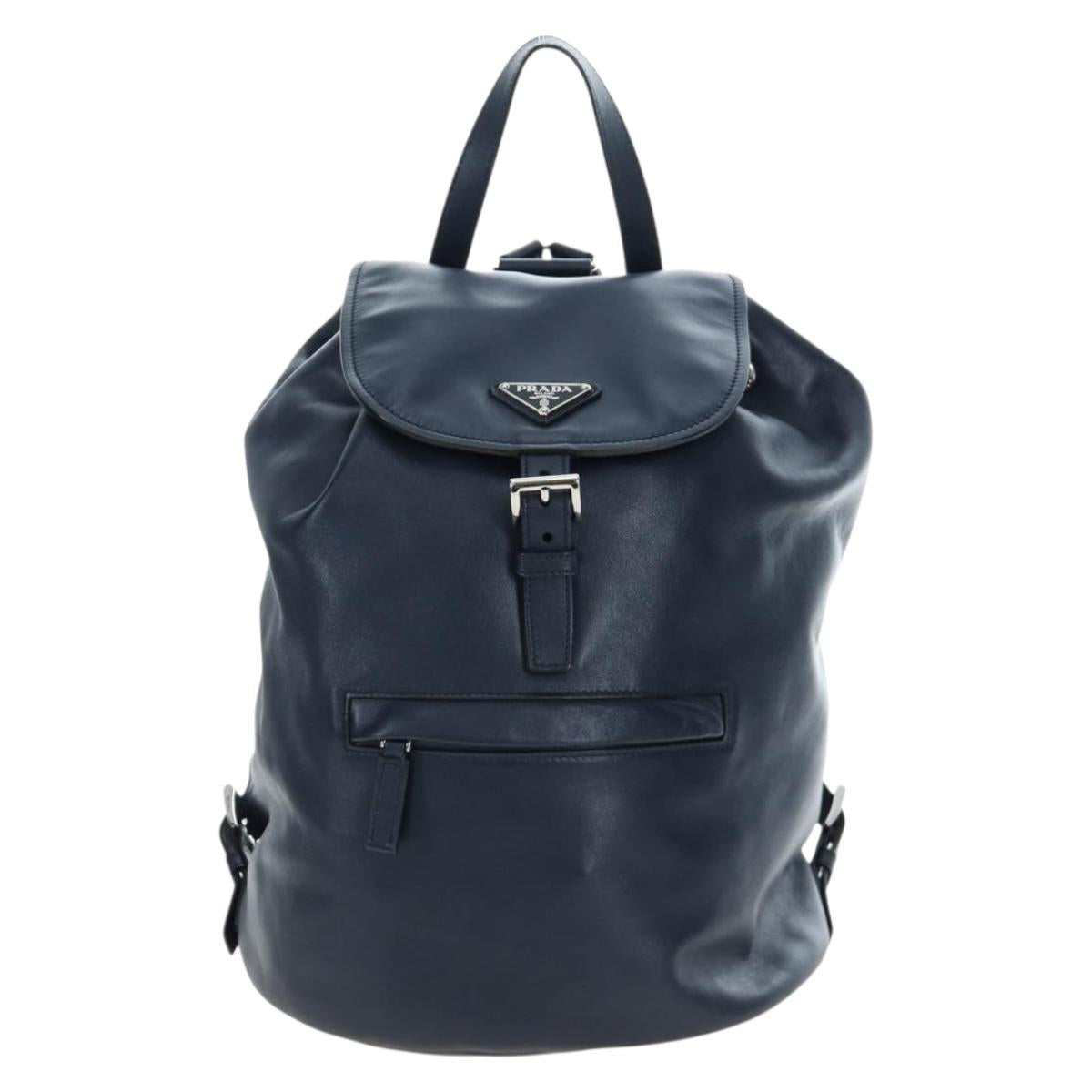 PRADA Backpack Leather Navy Silver Auth 191791V