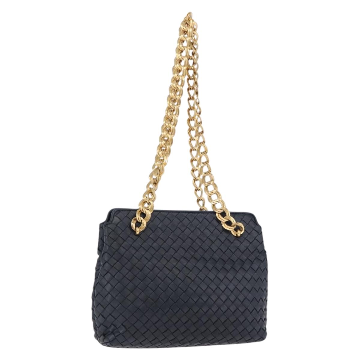 BOTTEGA VENETA INTRECCIATO Chain Shoulder Bag Leather Navy Gold Auth 191793V
