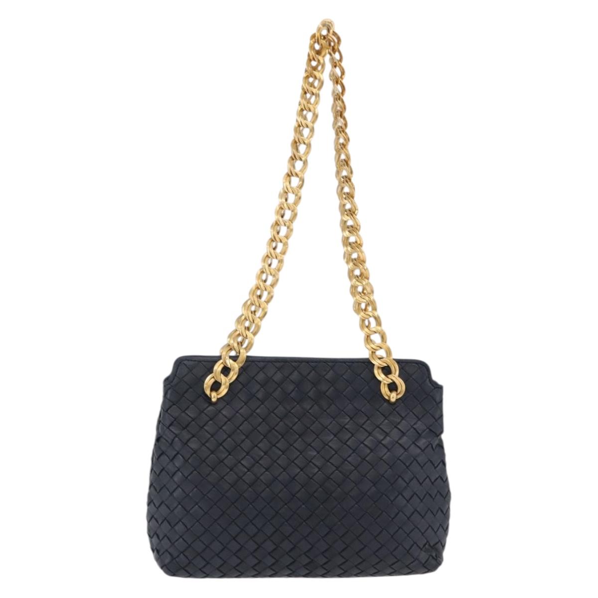 BOTTEGA VENETA INTRECCIATO Chain Shoulder Bag Leather Navy Gold Auth 191793V