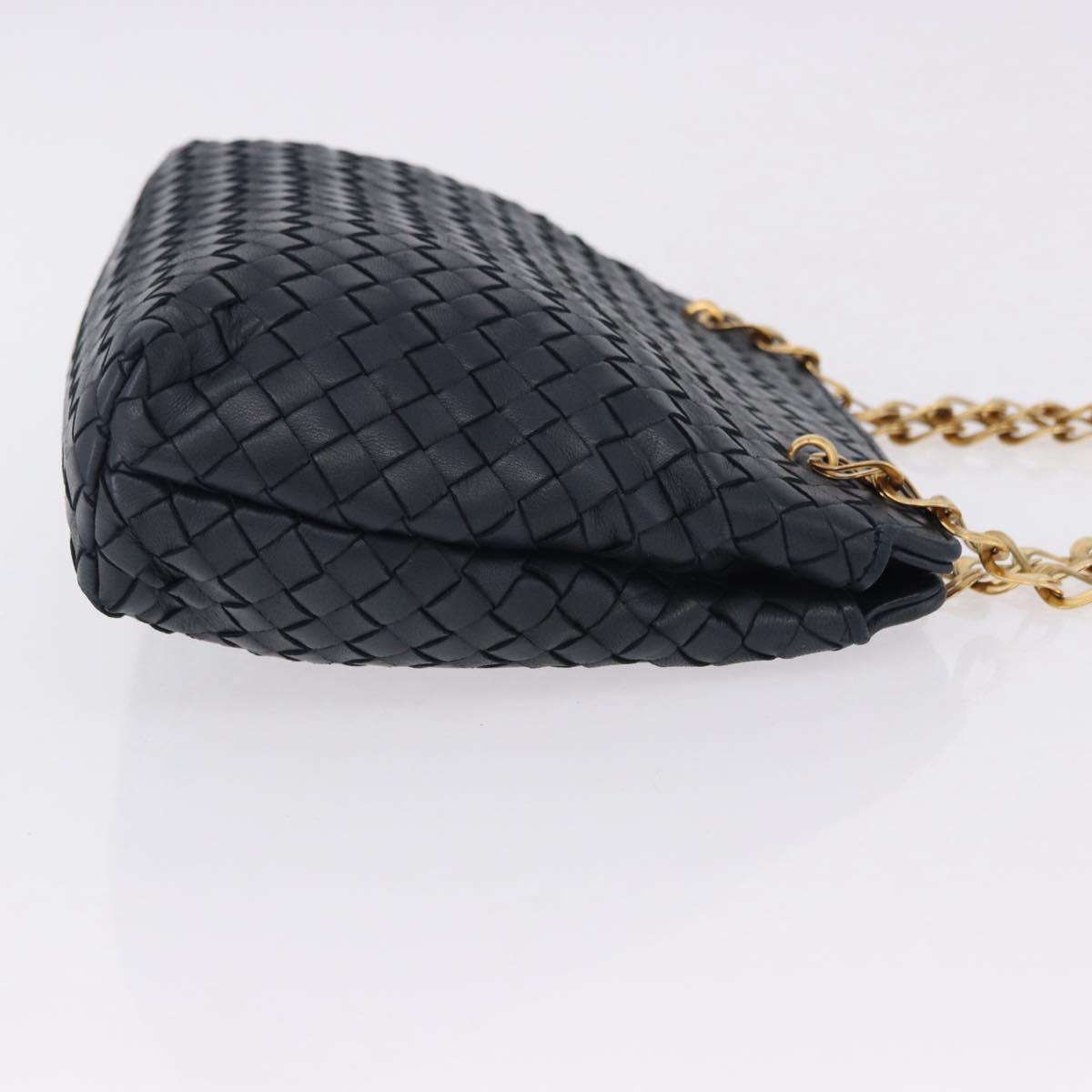 BOTTEGA VENETA INTRECCIATO Chain Shoulder Bag Leather Navy Gold Auth 191793V