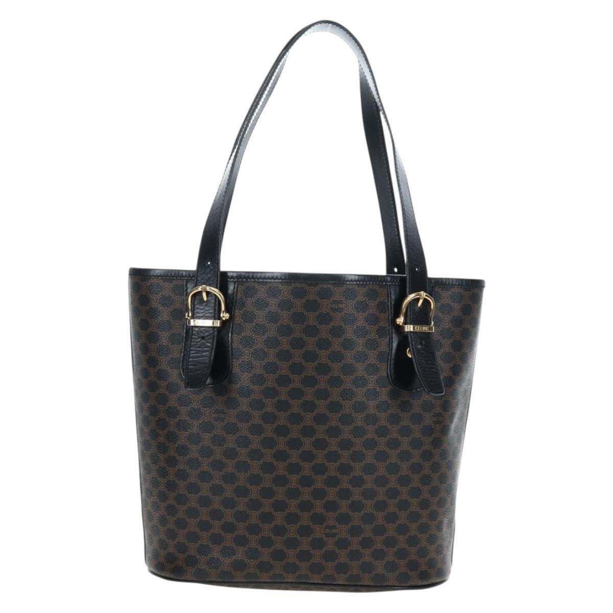 CELINE Macadam Canvas Hand Bag PVC Leather Black Gold Auth 191813V