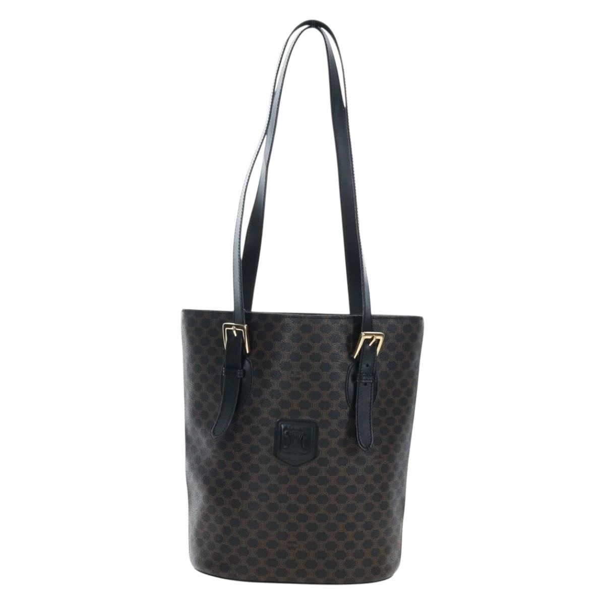 CELINE Macadam Canvas Tote Bag PVC Leather Black Gold Auth 191815V