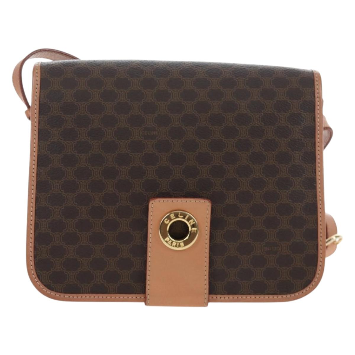 CELINE Macadam Canvas Shoulder Bag PVC Leather Brown Gold Auth 191817V