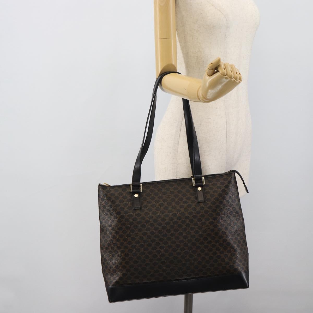 CELINE Macadam Canvas Tote Bag PVC Leather Black Gold Auth 191826V