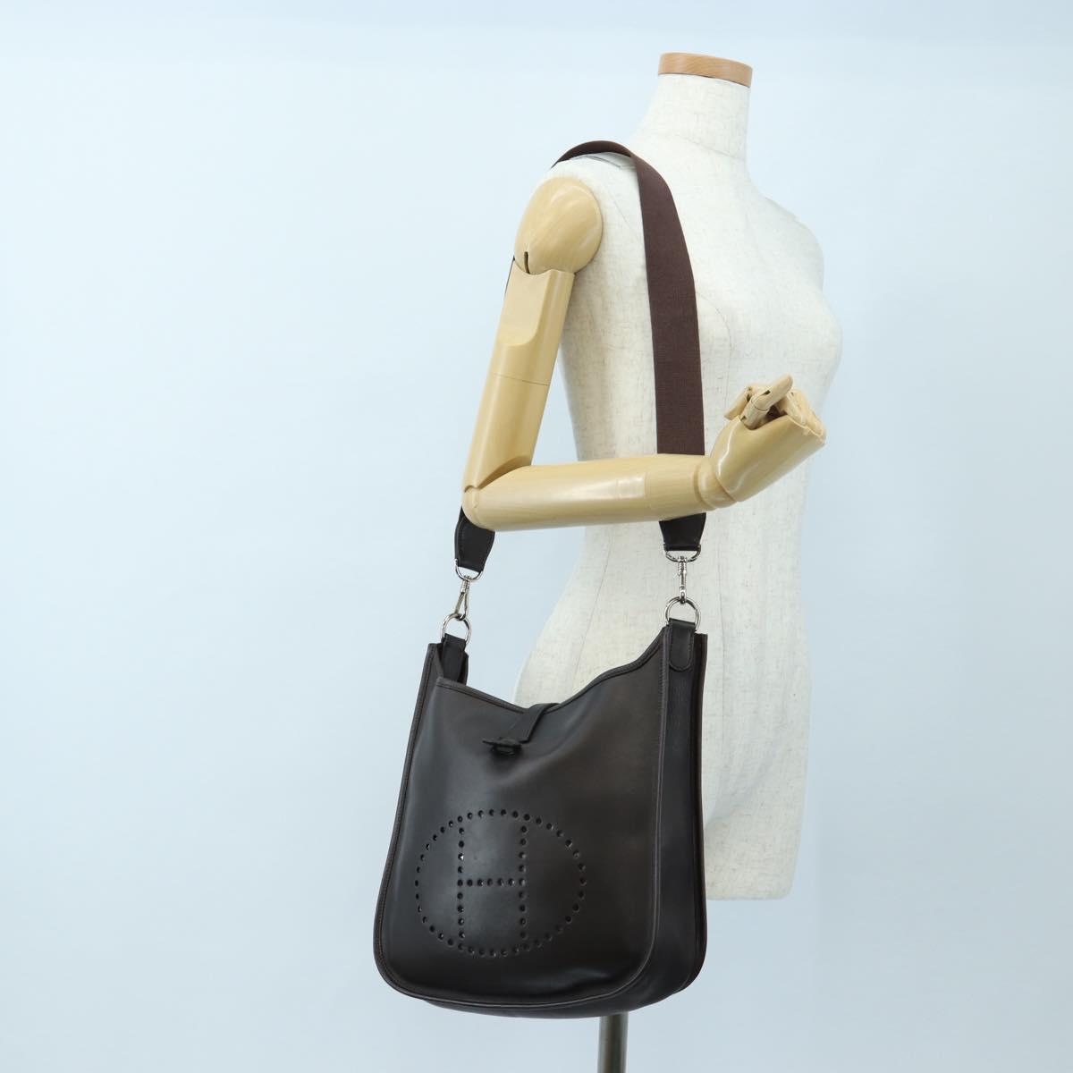 HERMES Evelyn Shoulder Bag Leather Brown Silver Auth 191831M