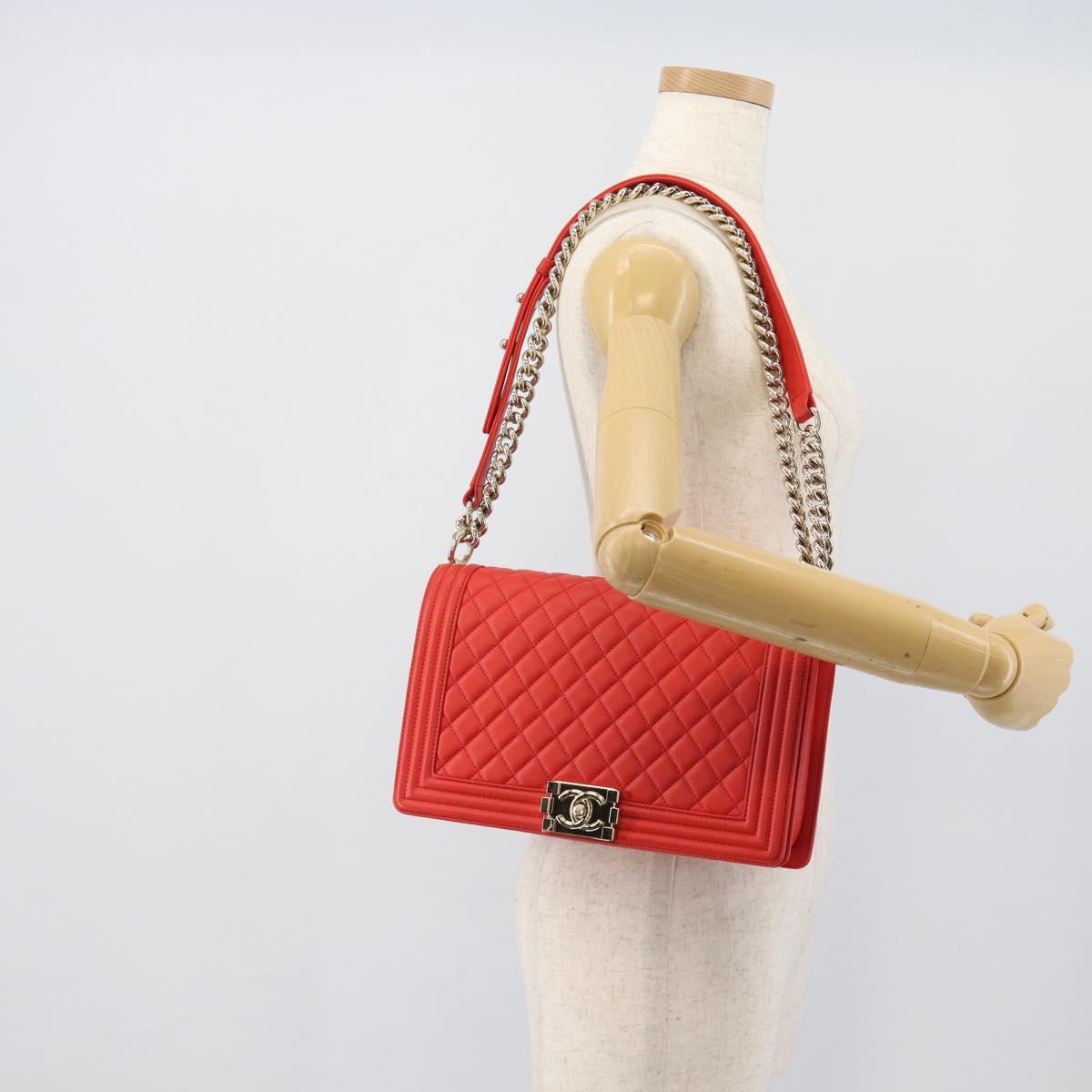 CHANEL Chain Matelasse 28 Boy Chanel Bag Lamb Skin Red Gold CC Auth 191832SAM