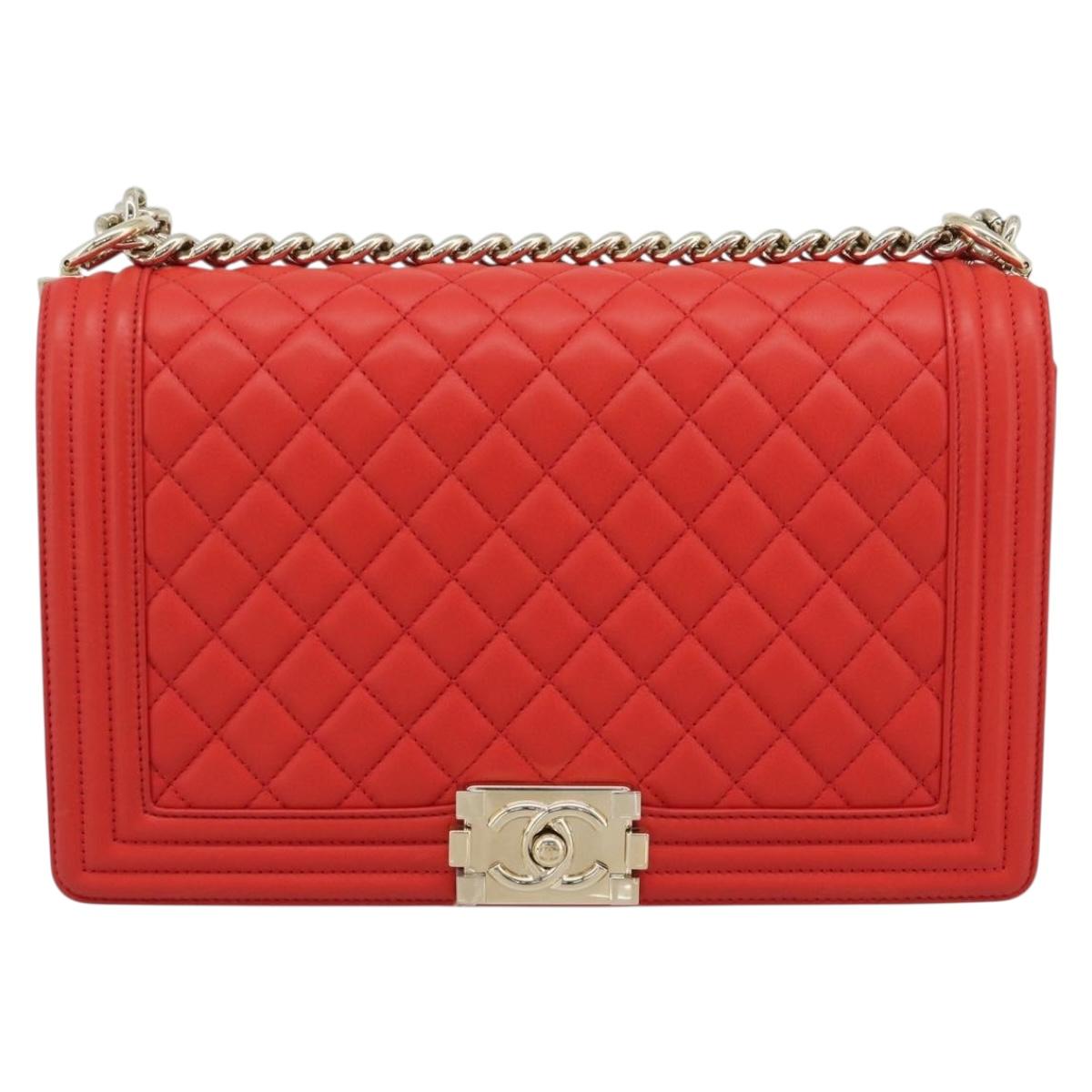 CHANEL Chain Matelasse 28 Boy Chanel Bag Lamb Skin Red Gold CC Auth 191832SAM