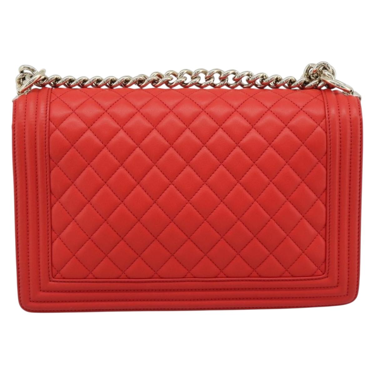 CHANEL Chain Matelasse 28 Boy Chanel Bag Lamb Skin Red Gold CC Auth 191832SAM