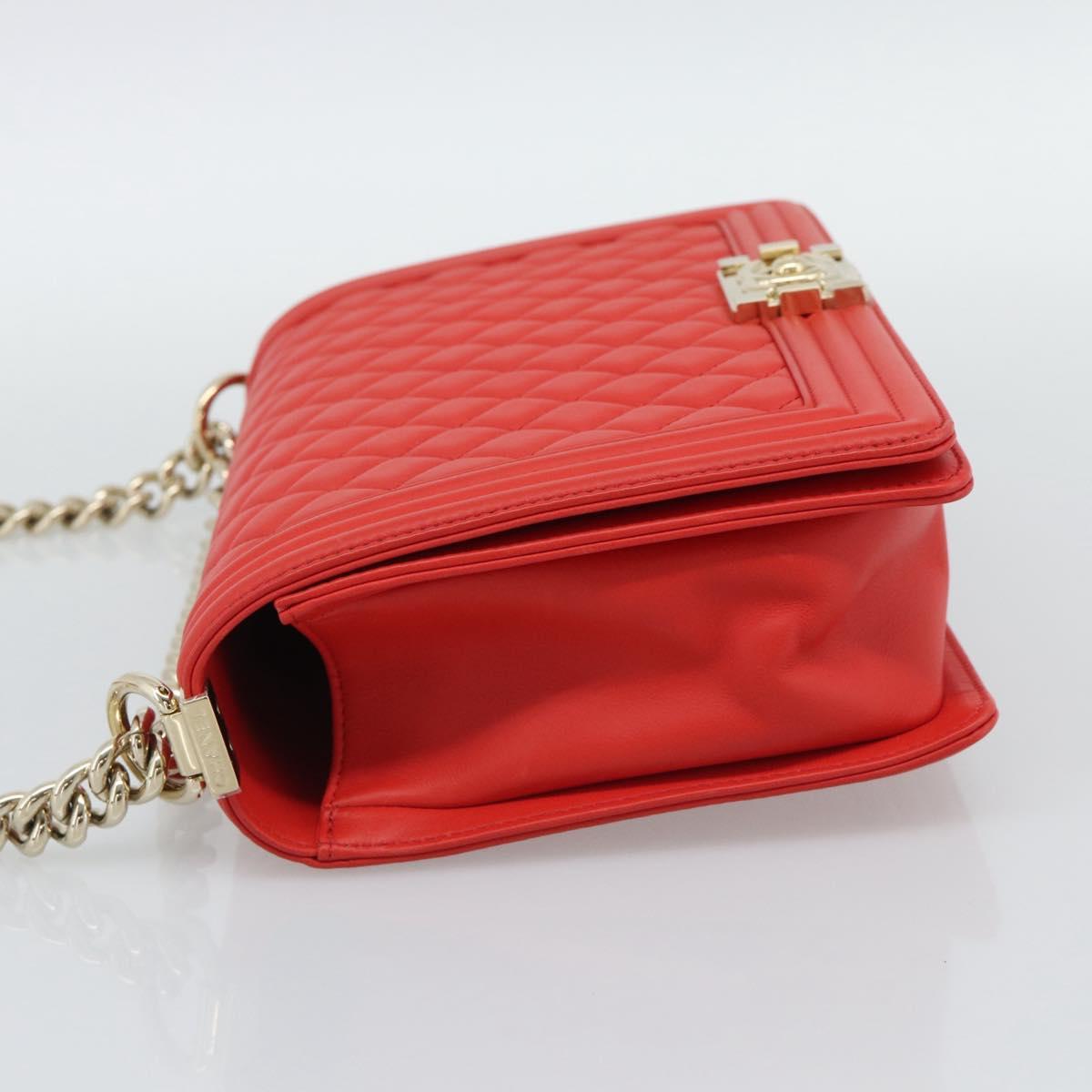 CHANEL Chain Matelasse 28 Boy Chanel Bag Lamb Skin Red Gold CC Auth 191832SAM