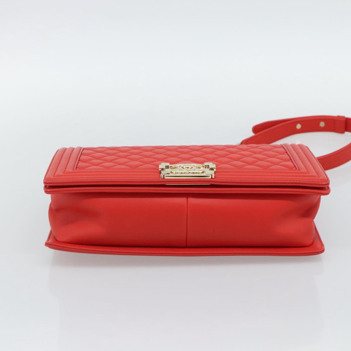 CHANEL Chain Matelasse 28 Boy Chanel Bag Lamb Skin Red Gold CC Auth 191832SAM