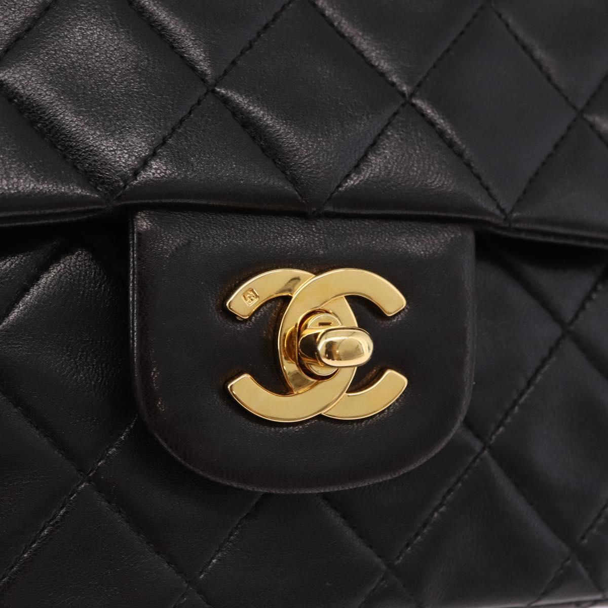 CHANEL Double Flap Chain Matelasse25 Bag Lamb Skin Black Gold CC Auth 191833SAM