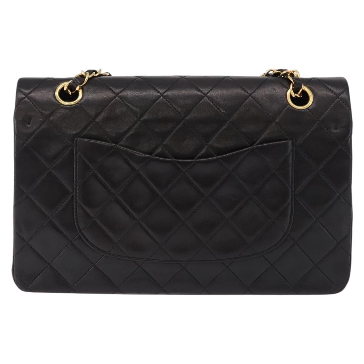 CHANEL Double Flap Chain Matelasse25 Bag Lamb Skin Black Gold CC Auth 191833SAM