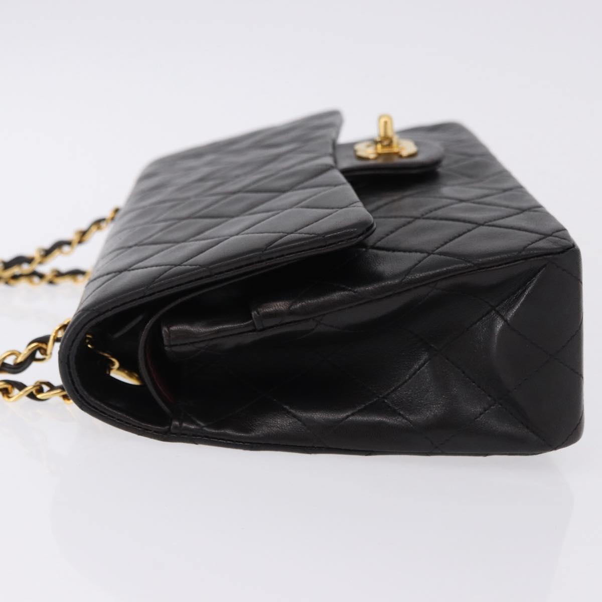 CHANEL Double Flap Chain Matelasse25 Bag Lamb Skin Black Gold CC Auth 191833SAM