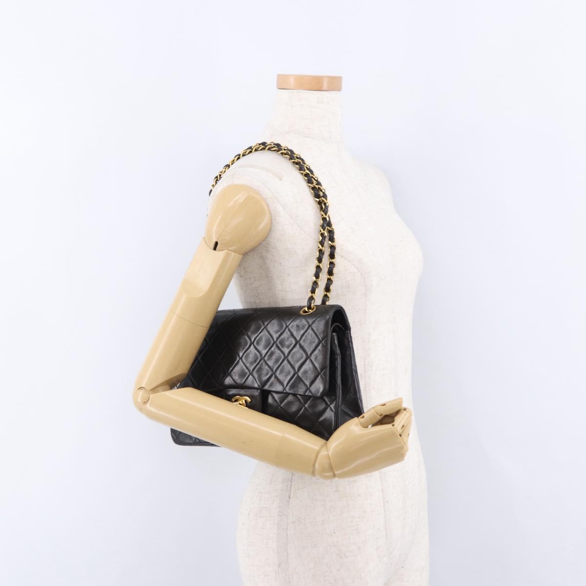 CHANEL Chain Matelasse25 Shoulder Bag Lamb Skin Black Gold CC Auth 191834SAM