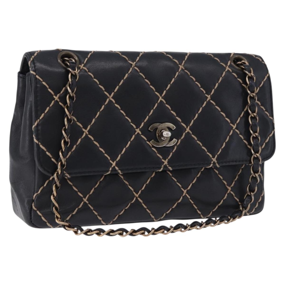 CHANEL Wild Stitch Chain Shoulder Bag Leather Black Gold CC Auth 191835M