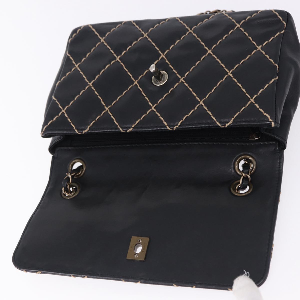 CHANEL Wild Stitch Chain Shoulder Bag Leather Black Gold CC Auth 191835M