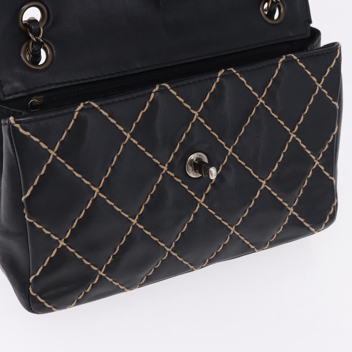 CHANEL Wild Stitch Chain Shoulder Bag Leather Black Gold CC Auth 191835M