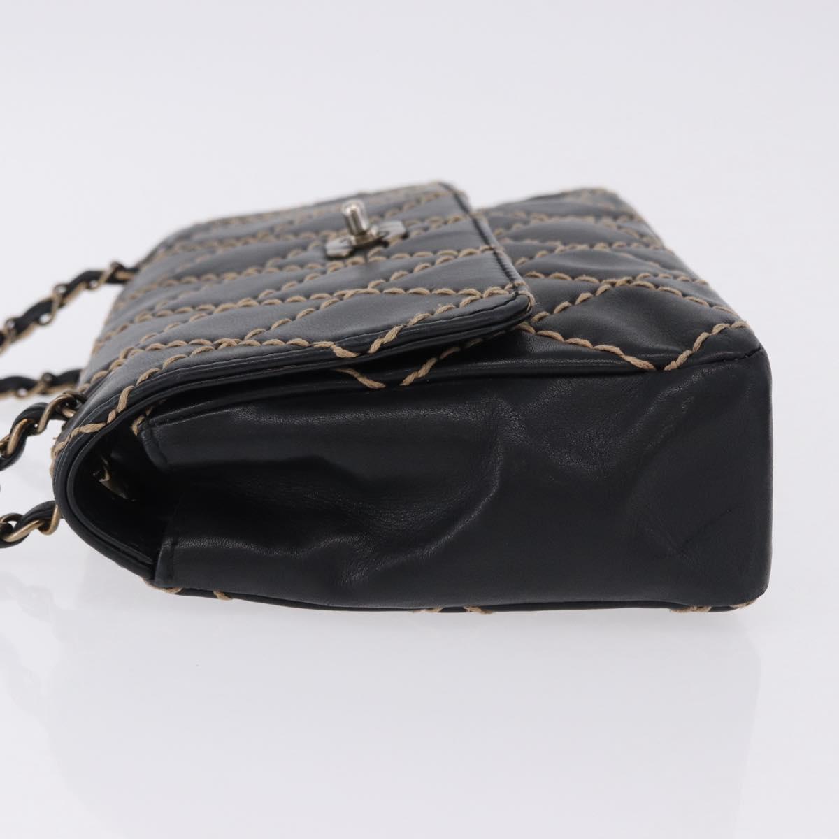 CHANEL Wild Stitch Chain Shoulder Bag Leather Black Gold CC Auth 191835M