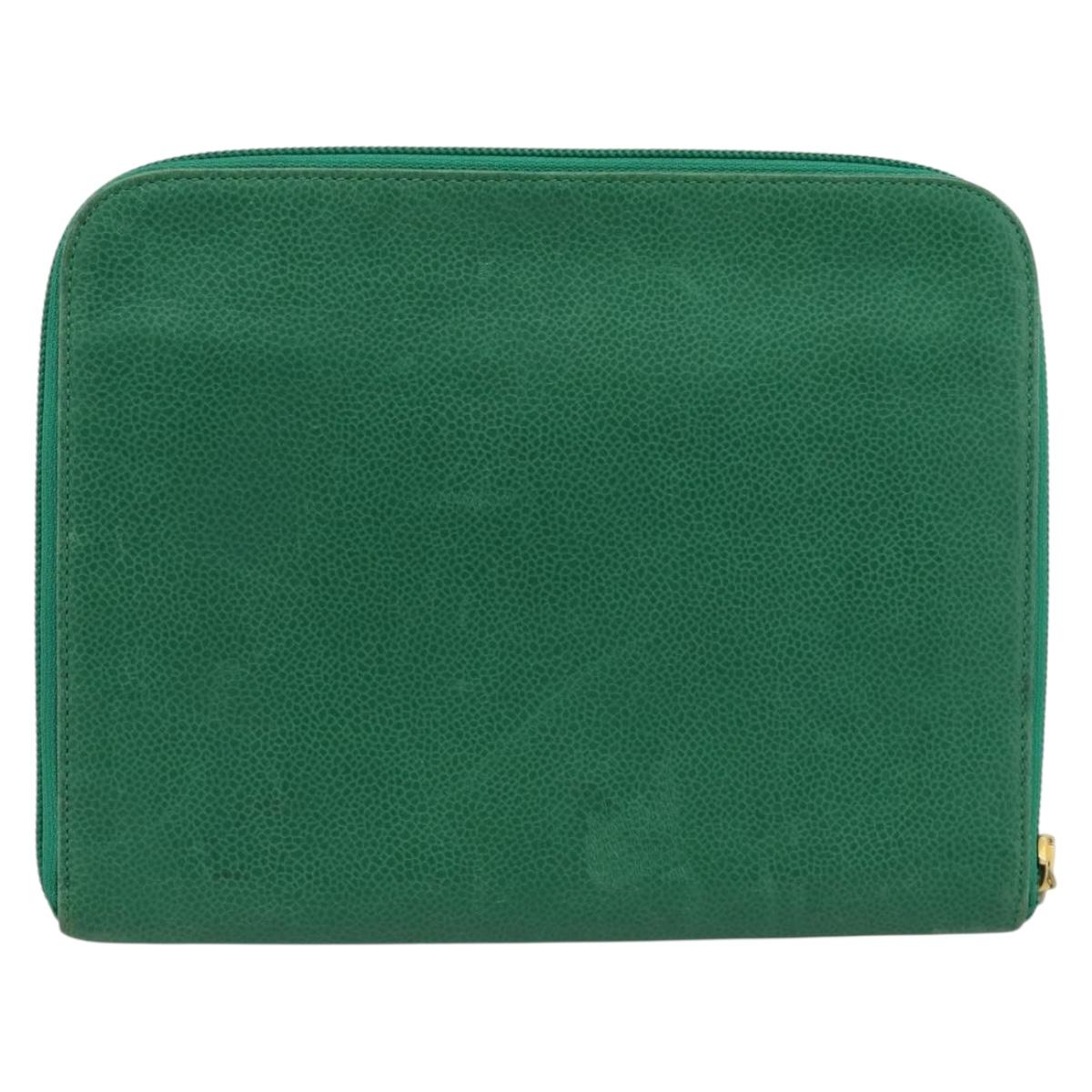 CHANEL COCO Mark Clutch Bag Caviar Skin Green Gold CC Auth 191836A