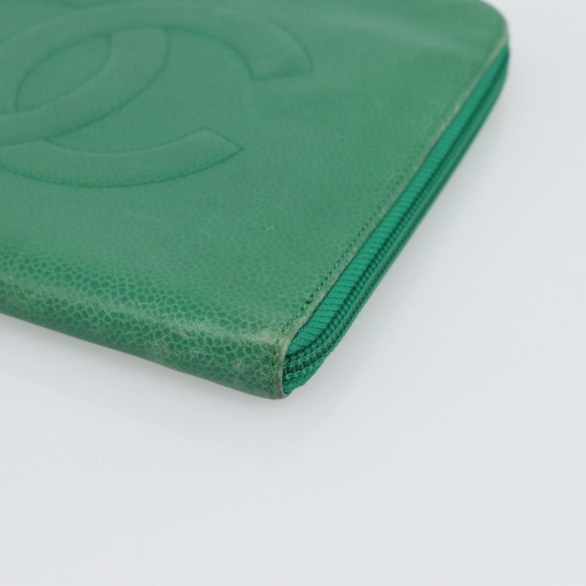CHANEL COCO Mark Clutch Bag Caviar Skin Green Gold CC Auth 191836A