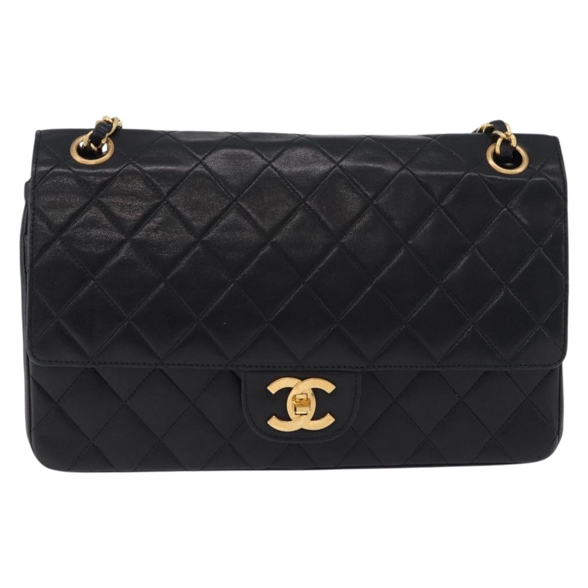 CHANEL Matelasse Chain Shoulder Bag Lamb Skin Black Gold CC Auth 191837M