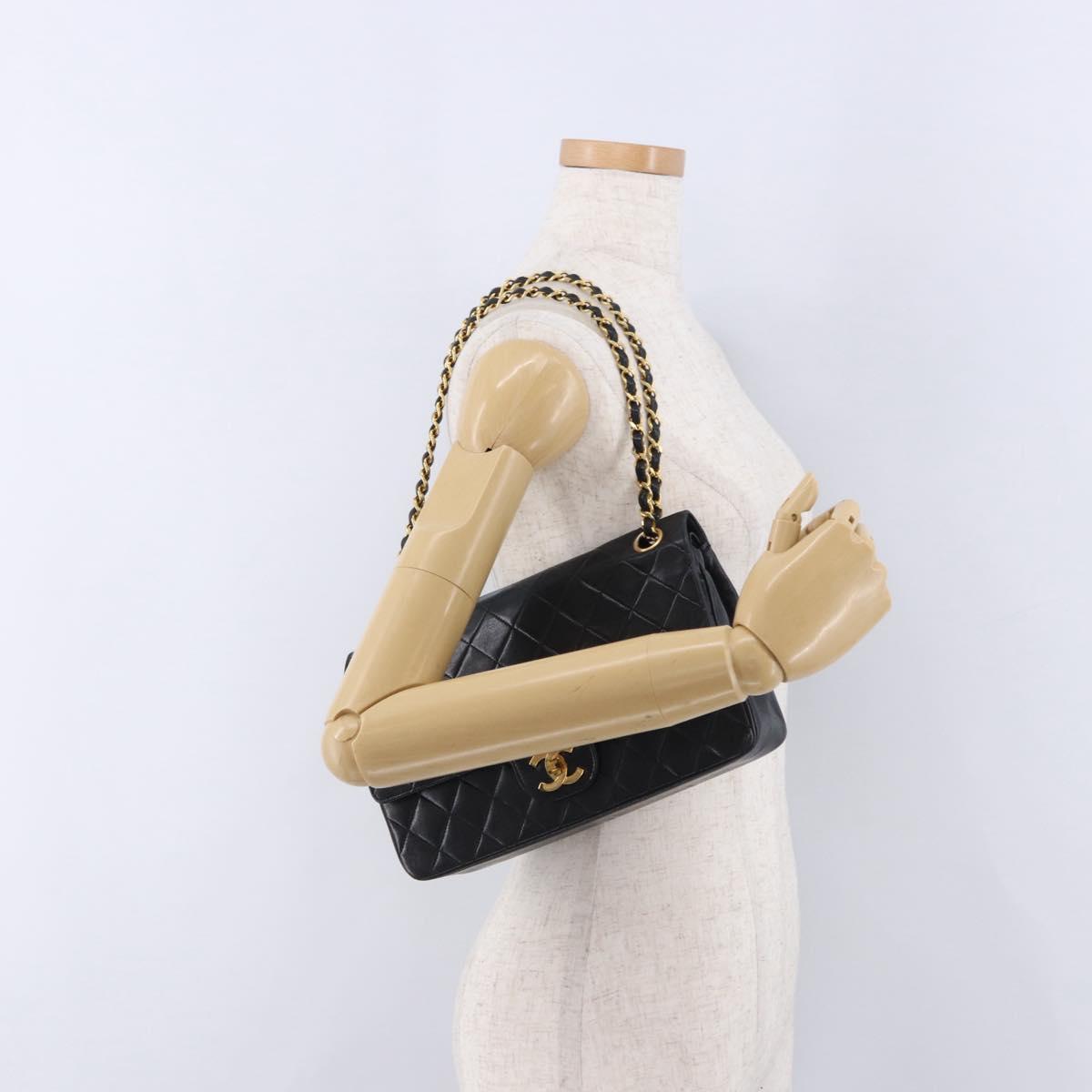 CHANEL Matelasse Chain Shoulder Bag Lamb Skin Black Gold CC Auth 191837M