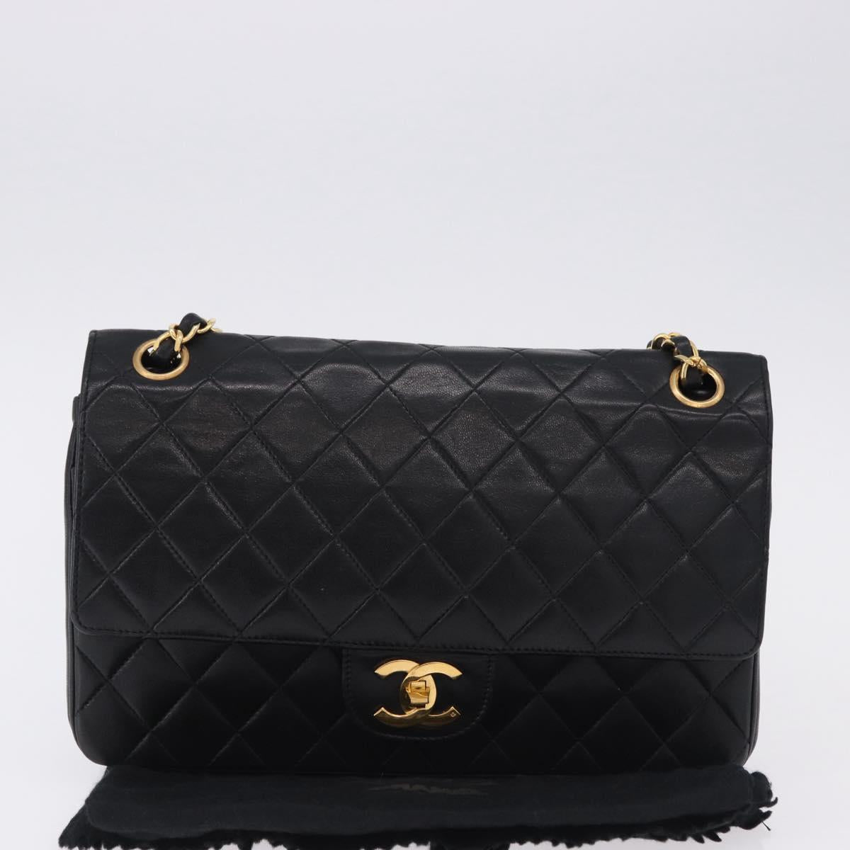 CHANEL Matelasse Chain Shoulder Bag Lamb Skin Black Gold CC Auth 191837M