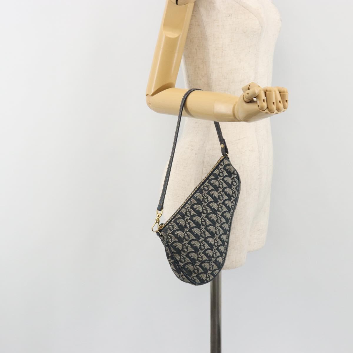 Christian Dior Trotter Canvas Saddle Pouch Navy Gold Auth 191838V