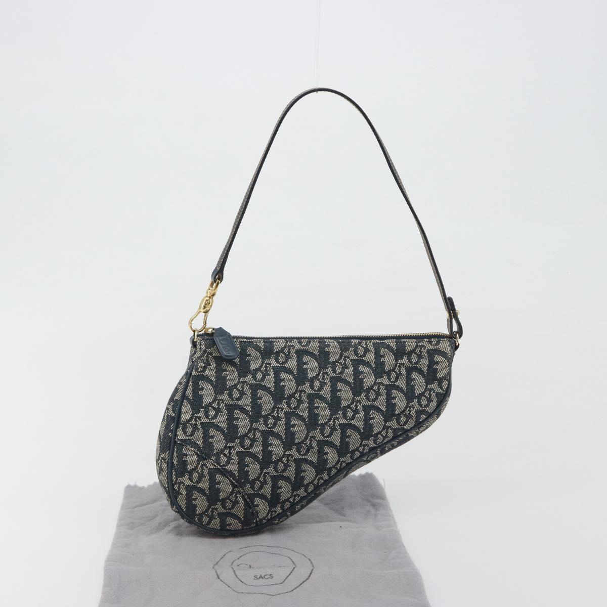 Christian Dior Trotter Canvas Saddle Pouch Navy Gold Auth 191838V