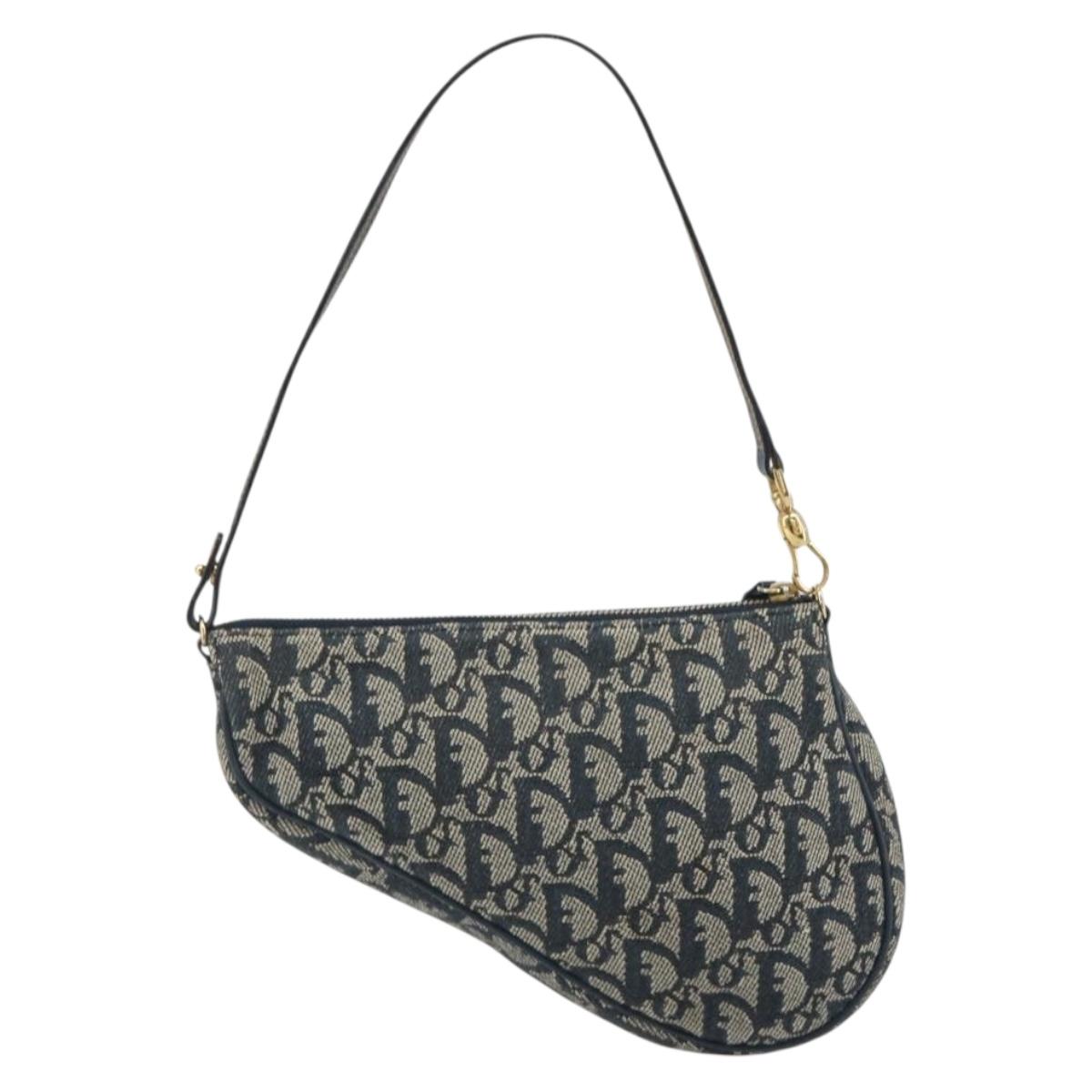 Christian Dior Trotter Canvas Saddle Pouch Navy Gold Auth 191838V