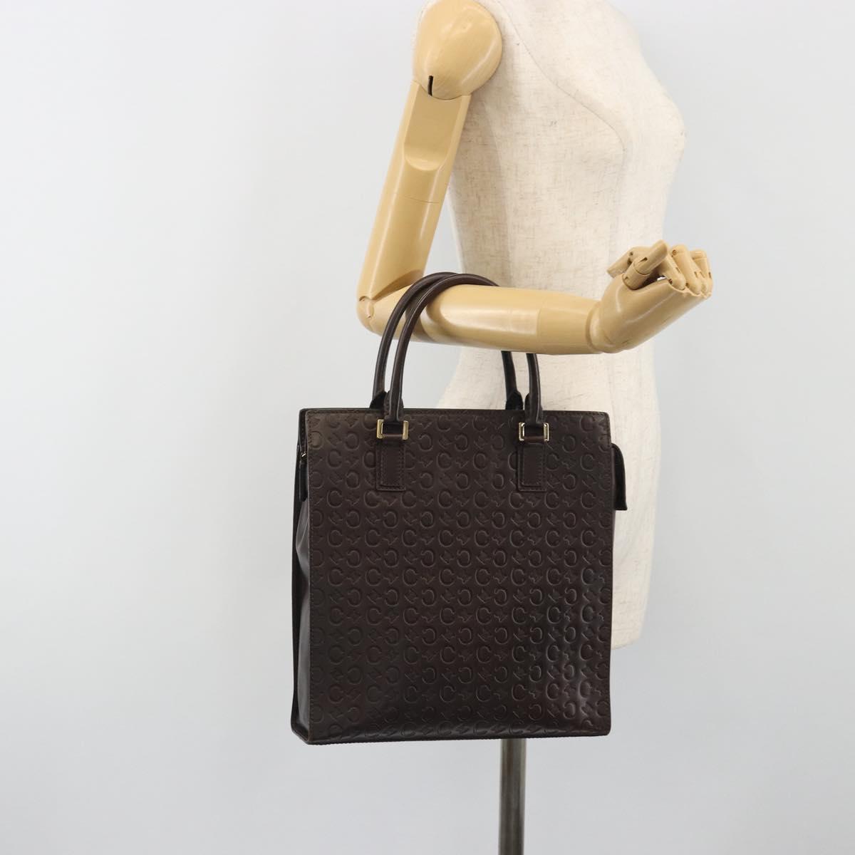 CELINE C Macadam Canvas Hand Bag Leather Dark Brown Gold Auth 191840A