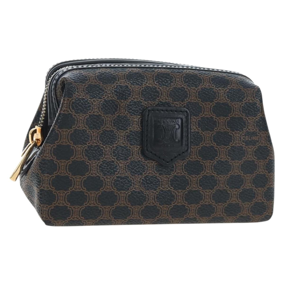 CELINE Macadam Canvas Pouch PVC Leather Black Gold Auth 191852V